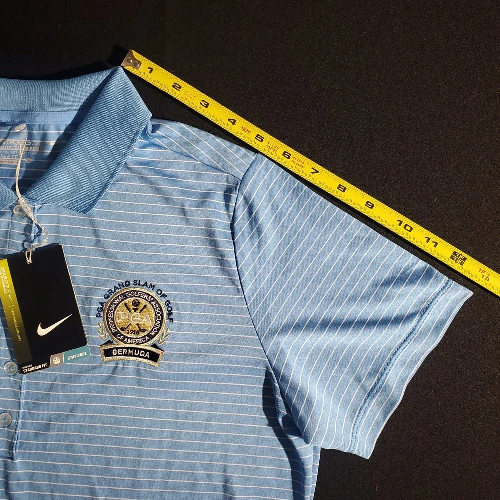 Nike Golf Polo Shirt Womens Large Blue Stripe Dri‎ Fit PGA Grand Slam Bermuda